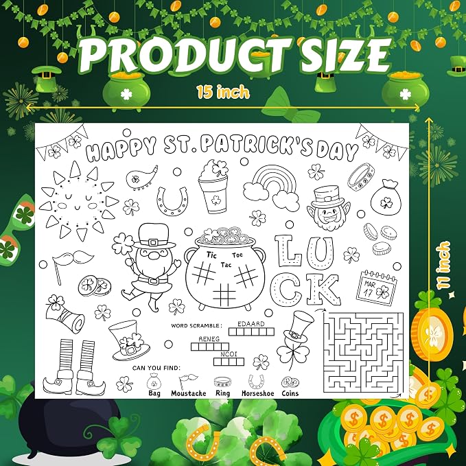 45pcs St. Patrick's Day Disposable Coloring Placemats Irish Crafts for Kids Party Favors Coloring Poster Holiday Party Supplies School Classroom Activities Paper Table Mats