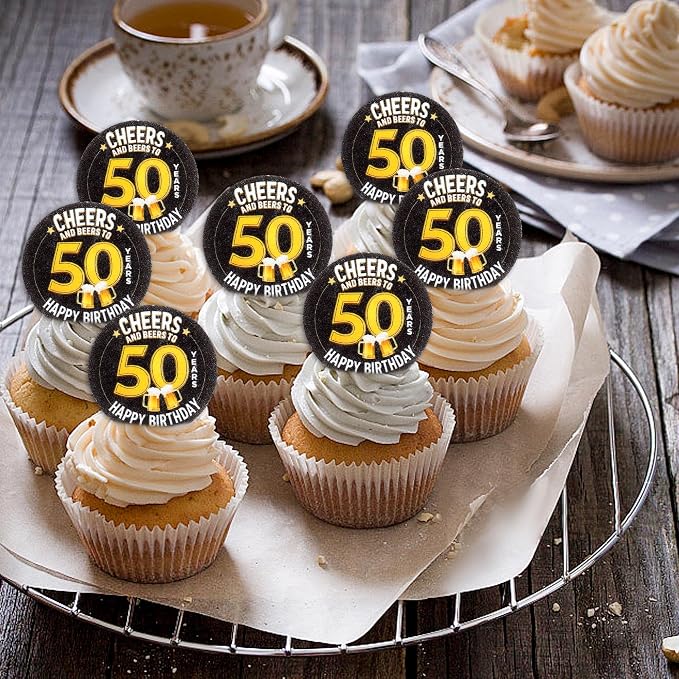 40Pcs Edible Cheers Beers to 50 Years Cupcake Toppers Edible Black Happy 50th Birthday Cupcake Picks Drink Toppers for Cheers Beers Theme 50th Men Birthday Party Decorations