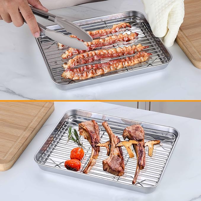 Homikit Baking Sheet with Wire Rack (1 Pan + 1 Rack), 10.4 x 8 Inches Stainless Steel Small Baking Pan with Cooling Rack, Metal Cookie Sheets Bacon Tray for Toaster Oven, Rust Free & Dishwasher Safe