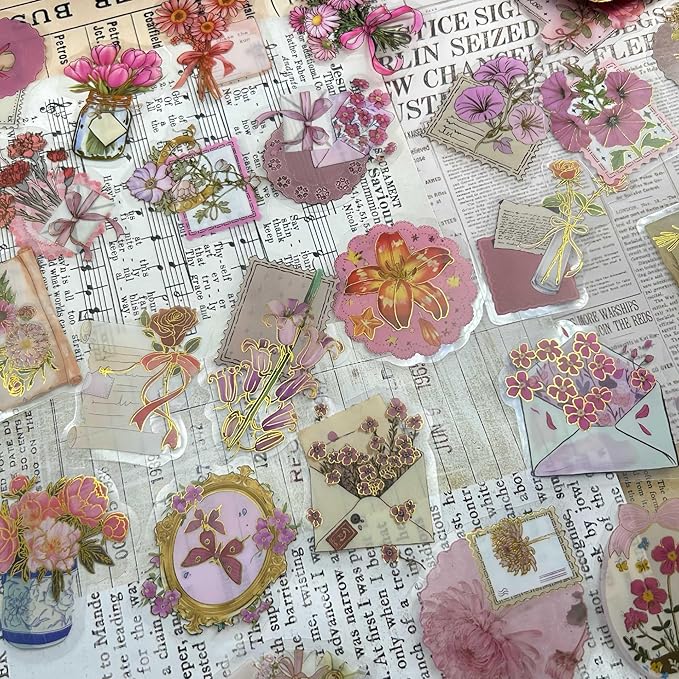 50 Pcs PET Transparent Gold Foil Flower Stickers, Waterproof Vinyl Floral Decals for Laptop Skateboard Luggage, Elegant Flower-Themed Stickers Gift for Teens Adults(Flower-sl)