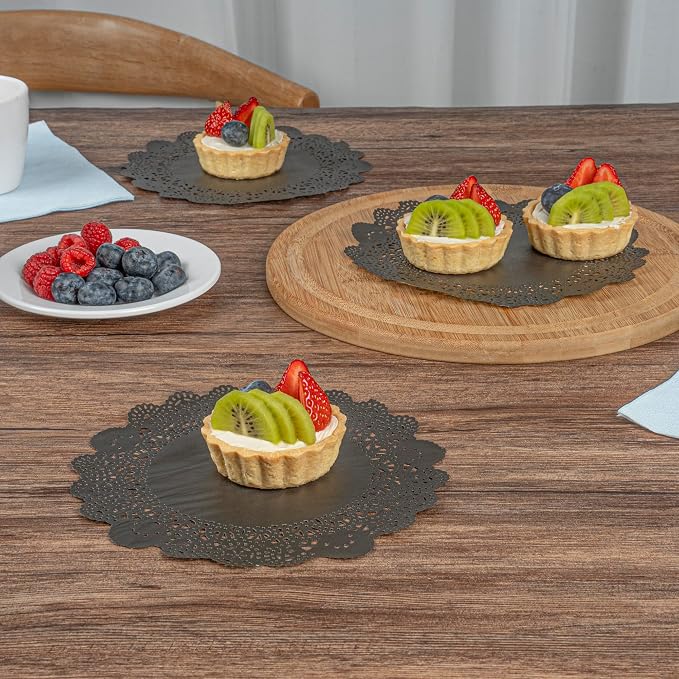 Restaurantware-Pastry Tek 8 x 8 Inch Paper Lace Doilies, 100 Disposable Table Doilies - Elegant Lace Finish, Long Lasting, Navy Blue Paper Placemat, for Pastries, Cupcakes, Desserts