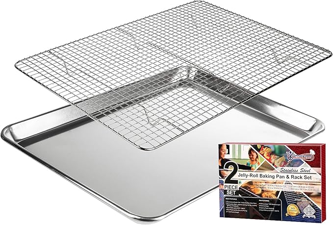 KITCHENATICS Jelly Roll Baking Pan and Rack Set Nonstick 10.6x15.6 | Aluminum tray and stainless steel rack combo used together or apart for baking, cooling or roasting
