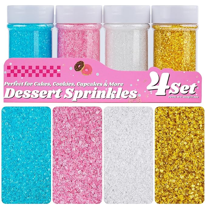 Sanding Sugar for Baking, 11.3oz/320g Edible White Pink Blue Gold Sprinkles, Sparkling Crystal Colored Sugar Sprinkles for Baking Cupcake Cookie Ice Cream
