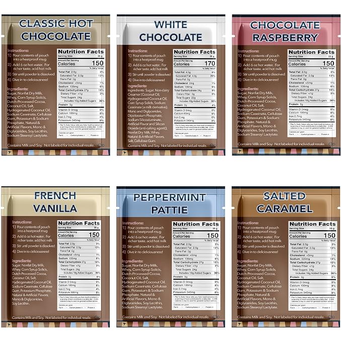 Double Donut Coffee Flavored Hot Chocolate Packets, Gourmet Hot Cocoa Mix Variety Pack 30 Count Includes Classic, White Chocolate, Choc Raspberry, Salted Caramel, French Vanilla & Peppermint