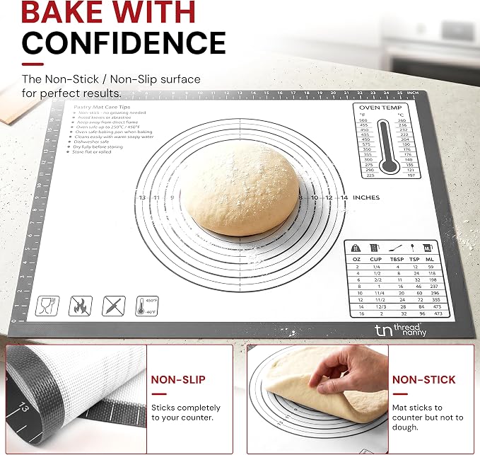 XL Silicone Pastry Mat for Baking, Extra Large 28x20 in, Non-Stick & Non-Slip Dough Mat for Rolling Out with Measurements, Bread, Pizza, Pie Crust, Cookies, Fondant,Oven Safe, Dishwasher Safe (Grey)