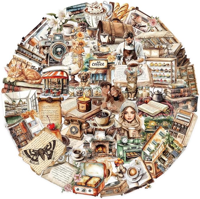 100Pcs Retro Coffee Shop Stickers for Scrapbooking Journaling Junk Journal Scrapbook Supplies - Waterproof Transparent PET Aesthetic Decals for Resin Crafts Decorative Art Crafts