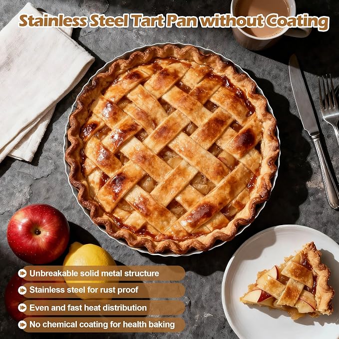 E-far 9.5 Inch Tart Pan, Stainless Steel Pie Quiche Pan Baking Dish for Oven, Reusable Pie Plate Tin with Fluted Edge & Seamless Bottom, No Leakage and Dishwasher Safe, Mirror Silver