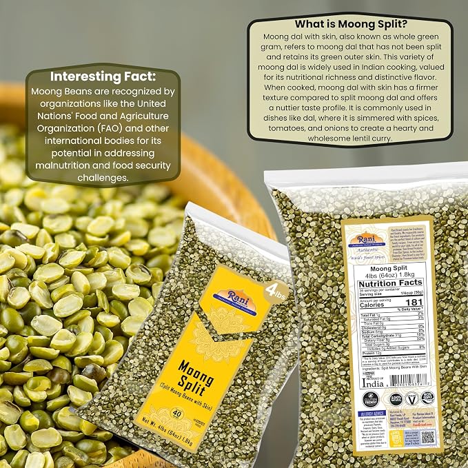 Rani Moong Split (Split Mung Beans with Skin) Lentils Indian 64oz (4lbs) 1.81kg Bulk ~ All Natural | Gluten Friendly | Non-GMO | Kosher | Vegan | Indian Origin