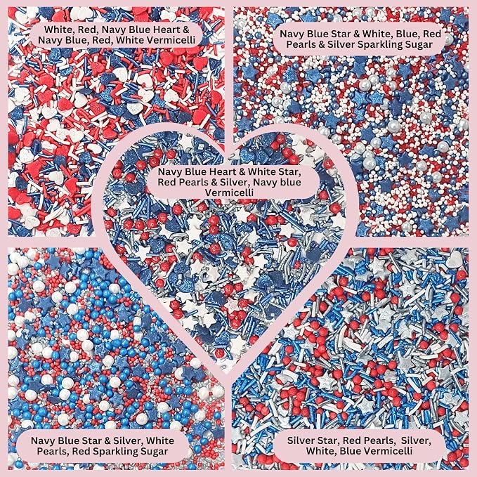 Confect Edible Cake Sprinkles | Assorted Pack of 5 Patriotic Mix Red, Blue, Silver & White Sprinkles | Mix Heart & Star Sprinkles For Cake & Cupcake Decorations | Vegan, Gluten-Free, Soy-Free, Dairy-Free, Palm Oil-Free- 5 Oz