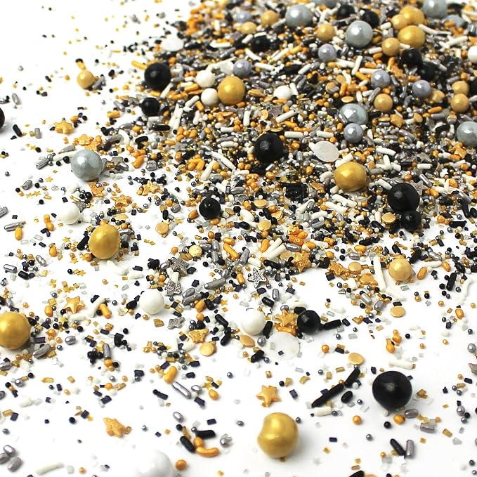Sprinkle Pop Meet Me At Midnight Sprinkle Mix| White Silver Black Gold Sprinkles with Stars| New Years Graduation Wedding Sprinkles Made in USA for Decorating Cakes Cookies Cupcakes Ice Cream, 2oz