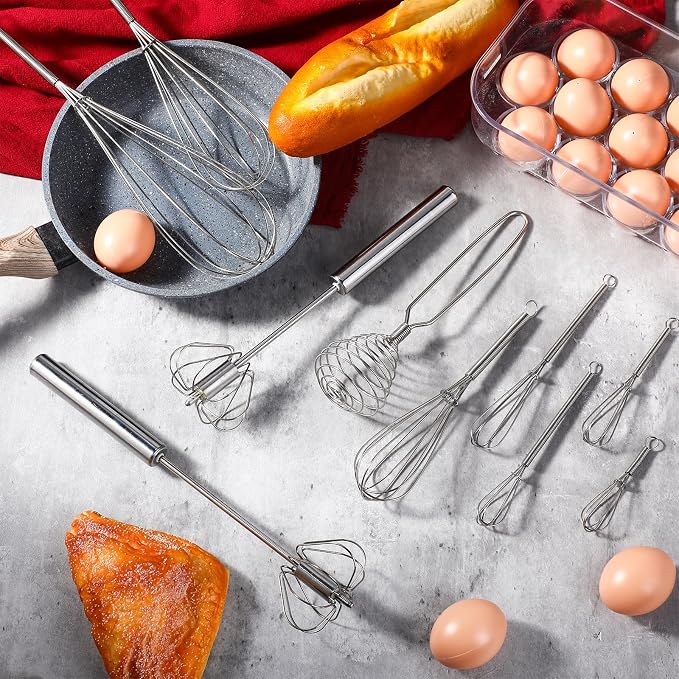 Teenyyou 10 Pcs Stainless Steel Whisks Set Egg Beater Semi Auto Whisk Blender Hand Push Beater Versatile Utensil for Kitchen Mixing Blending Beating Stirring Cooking 3 5 6 7 8 10 12 Inch