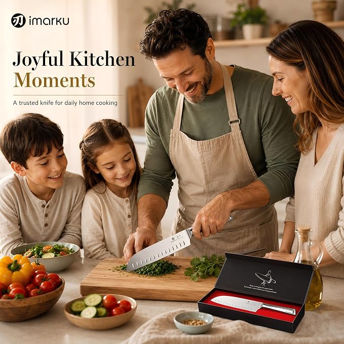 imarku Chef Knife Ultra Sharp Santoku Knife 7 Inch, High Carbon Stainless Steel Japanese Kitchen Knife with Hollow Edge | Seamless Ergonomic Handle, Gift Box for Meat/Vegetables/Tomatoes & Daily Prep