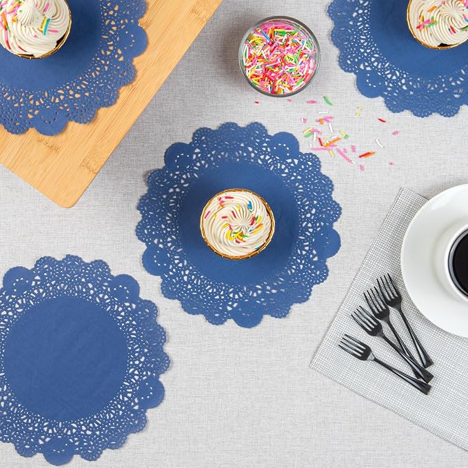 Restaurantware-Pastry Tek 8 x 8 Inch Paper Lace Doilies, 100 Disposable Table Doilies - Elegant Lace Finish, Long Lasting, Navy Blue Paper Placemat, for Pastries, Cupcakes, Desserts