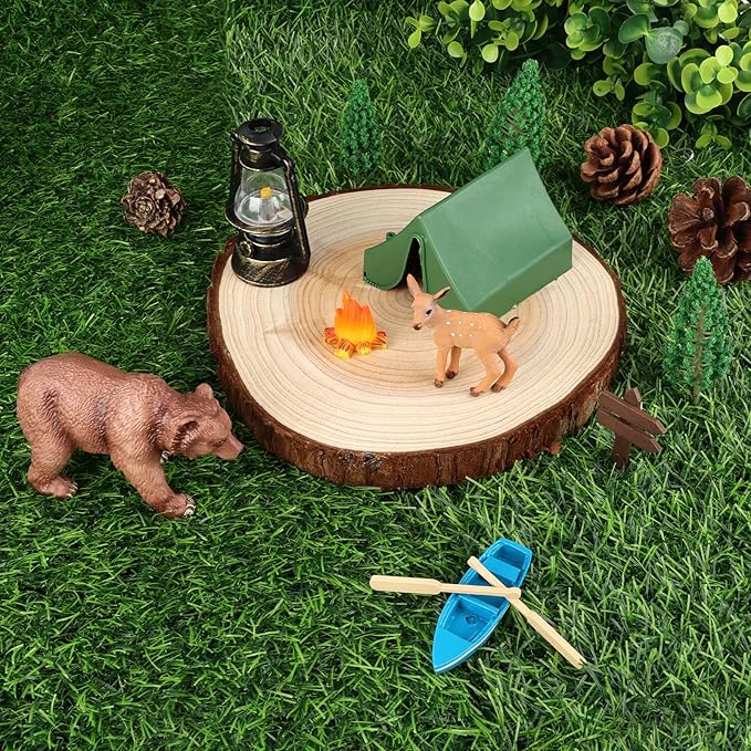 Camping Cake Toppers 12Pcs Camping Themed Party Decoration Include Tent Bonfire Tree Boat Deer for Kids Adults Adventure Theme Birthday Party Supplies