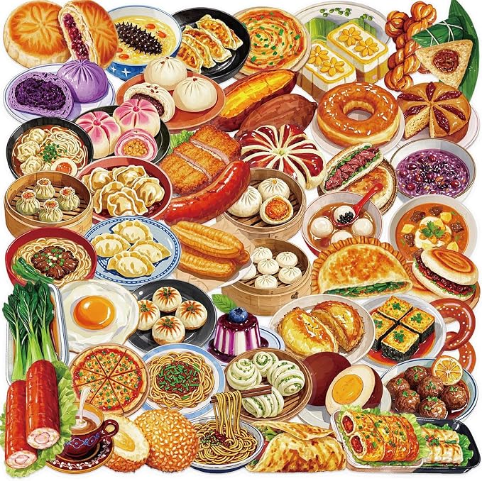 50 Pcs Delicous Foods Stickers PET Chinese Foods Stickers for Laptops Water Bottles Waterproof Transparent Decorative Decals for Phone Case Book Guitar Vinyl Decals for Kids Teens Adults