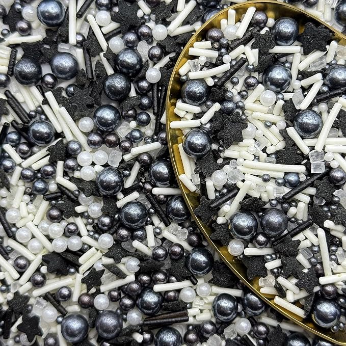 CandiJumpin Black and White Pearl Sprinkles, Edible Pearls and Jimmies Mix Black White Sprinkles Crunchy Jimmies Star Confetti Edible Pearls for Cake Decorating Pearl Decoration for Baking Baby Shower Party Birthday Wedding Christmas Supplies 3 OZ