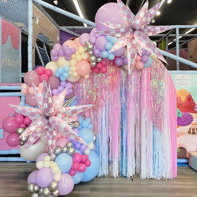 2 * 12Pcs Pink Silver Holographic Explosion Star Foil Balloons/Iridescent Balloons for Y3K kat*sye Girl, KPOP Idol Demon Hunters Singer Party/Tayl Popular Singer Concert Birthday(2Pcs Pink Laser)