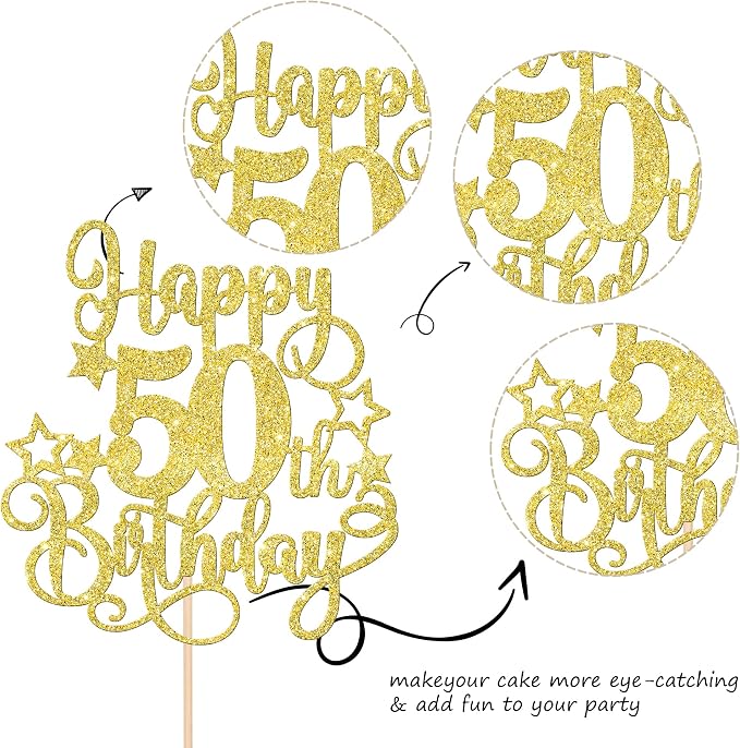 1 PCS Happy 50th Birthday Cake Topper Glitter Cheers to 50 Years Birthday Cake Pick Hello 50 Fabulous Cake Decoration for Happy 50th Birthday Anniversary Party Decorations Supplies Gold