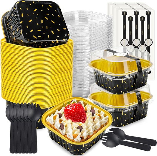 NPLUX 50 Pack Mini Cake Pans with Lids and Spoons Aluminum Foil Pans Square Cake Tins for Bakery Party Wedding, Graduation Gifts Party Favors (Black Gold Spot,5 oz)
