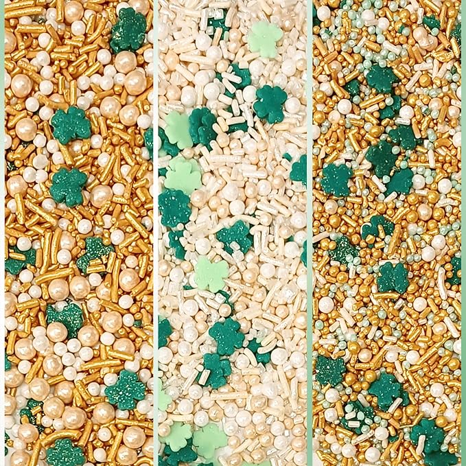 Confect Edible Sprinkles Mix Pack of 5 (5 oz) – Green, Gold & White Sprinkles for Baking – Cake, Cupcake & Cookie Decorations for St. Patrick’s Day, Birthdays & Celebrations | Vegan, Gluten-Free, Nut-Free, Soy-Free, Dairy-Free, Palm Oil-Free - 5 Oz
