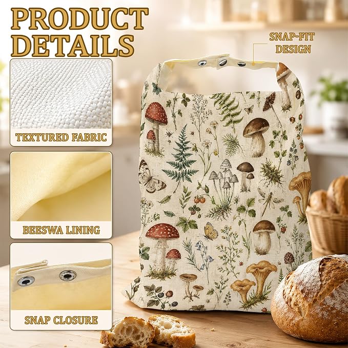 Mushroom Fern Bread Bags for Homemade Bread, Butterfly Garden 2 Pack Linen and Beeswax Sourdough Storage Bags, Reusable Keeper, Keeps Breads Fresh Longer, Gifts for Bakers
