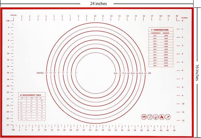 Yansumi Silicone Pastry Mat Extra Large Non-Slip Mat for Rolling Dough Pie Crust and Baking Non-Stick with Measurements (Red, 24"L x 16"W)