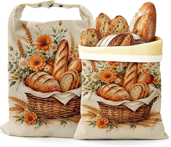 2 Pack Beeswax Basket Floral Bread Bags for Sourdough, Reusable Linen Golden Wheat Bread Bag 17x13'' Food Storage Cloth Bag Freezer-Friendly & Freshness Preservation