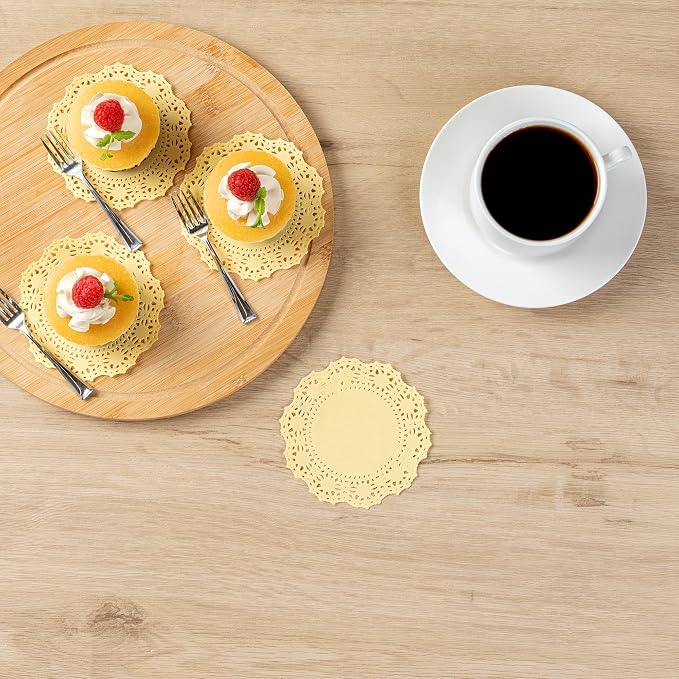 Pastry Tek 4 x 4 Inch Paper Lace Doilies, 4000 Disposable Table Doilies - Elegant Lace Finish, Long Lasting, Yellow Paper Doily, for Pastries, Cupcakes, Desserts - Restaurantware