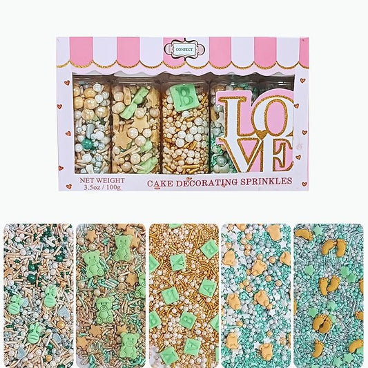 Confect Neutral Baby Shower Sprinkles | Gender Reveal Sprinkles | Birthday Assorted Pack Of 5 Mix Edible Heart, Teddy Bear & Gold Baby Feet Sprinkle | Vegan, Gluten-Free, Nut-Free, Soy-Free, Dairy-Free, Palm Oil-Free - 5 Oz