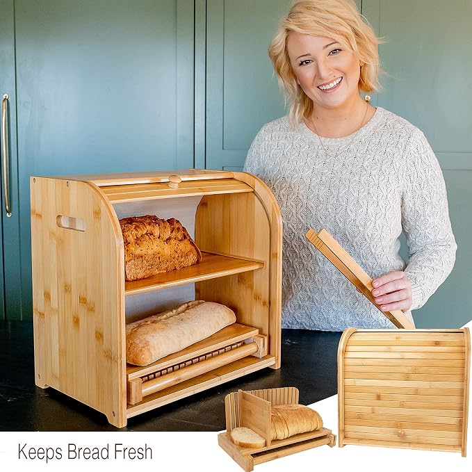 Bread Box & Bread Slicer, Bread Box for Kitchen Countertop. Roll Top, Bread Tong, 2 Layer Bread Box, Double Breadbox Bread Storage, Extra Large Bread Container