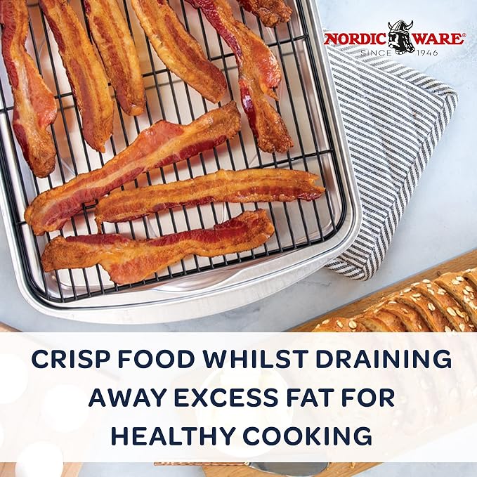 Nordic Ware Oven Crisp Baking Tray 2pc Set Includes Pan and Rack; Natural Aluminum For Air Frying,Crisping,Broiling,Baking; Cooking Surface 17 x 12 Inches,(Pack of 3)