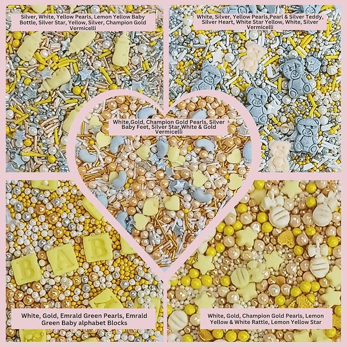Confect Neutral Baby Shower Sprinkles | Gender Reveal Sprinkles | Birthday Sprinkles | Mix Silver, Gold & Pearls Teddy, Heart, Star & Baby Feet Sprinkle Pack of 5 | Vegan, Gluten-Free, Nut-Free, Soy-Free, Dairy-Free, Palm Oil-Free - 5 Oz
