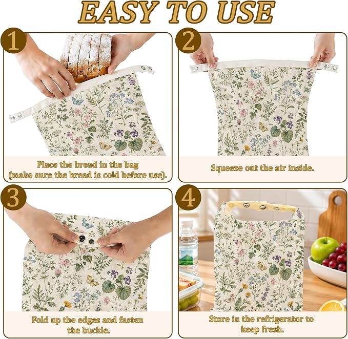 2 Pack Beeswax Butterfly Floral Bread Bags for Sourdough, Reusable Linen Meadow Botanical Bread Bag 17x13'' Food Storage Cloth Bag Freezer-Friendly & Freshness Preservation