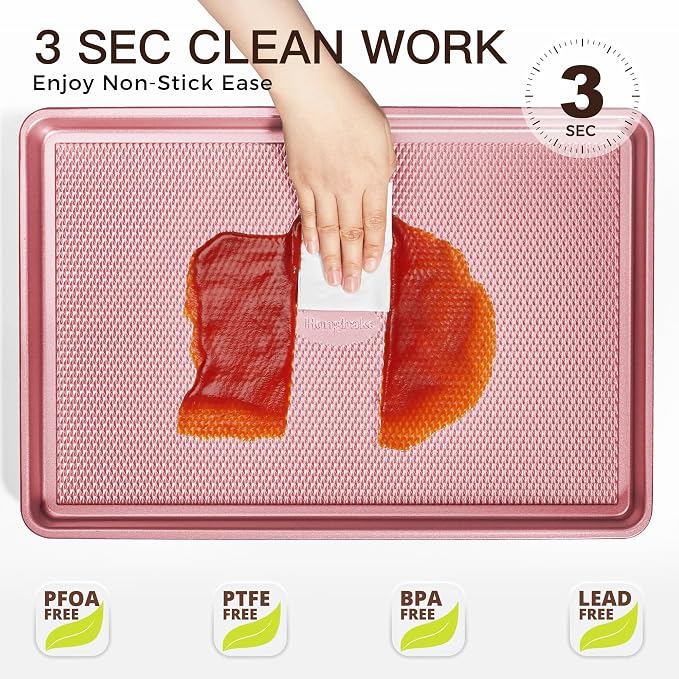 HONGBAKE Baking Sheet Pan Set, Cookie Sheets for Oven, Nonstick Half/Quarter/Jelly Roll Pans with Diamond Texture Pattern, Heavy Duty Cookie Tray, Pink