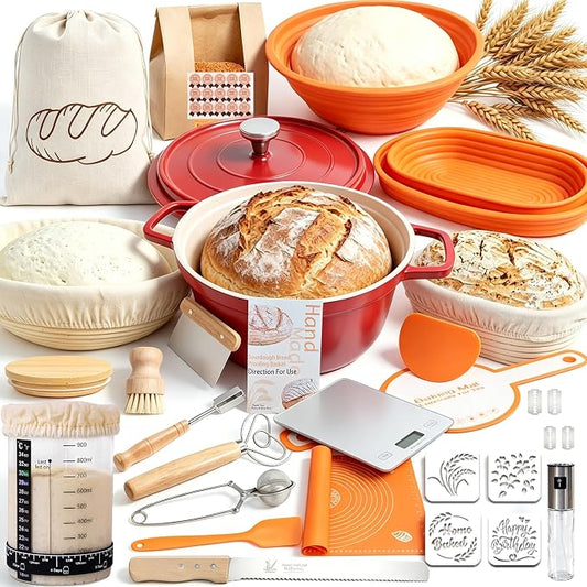 Super All-Inclusive Sourdough Starter Kit with Pot,Sourdough Bread Baking Supplies,4 Banneton Bread Proofing Baskets,Scale,34OZ Sourdough Starter Jar, Bread Making Tools Kit,Perfect Baking Gifts