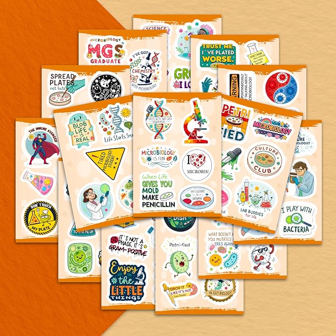 100Pcs Funny Microbiology Vinyl Stickers for Water Bottle, Laptop -Nerd Biology Stickers - Microbiology Gifts, Party Supplies - Gift for Women & Men
