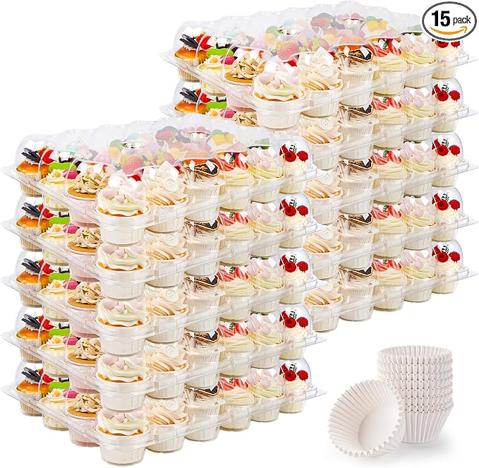 24 Count Cupcake Containers 15 Pack Cupcake Holders Plastic Clear Disposable Cupcake Containers with Detachable Tall Dome Lids and 360 Liners for 360 Cupcakes, BPA Free, Stand Size