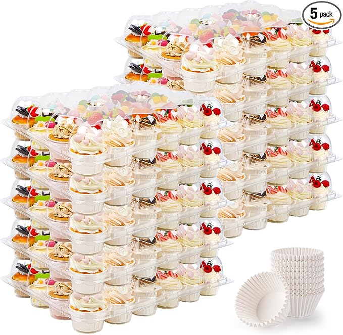 24 Count Cupcake Containers 5 Pack Cupcake Holders Plastic Clear Disposable Cupcake Containers with Detachable Tall Dome Lids and 360 Liners for 120 Cupcakes, BPA Free, Standard Size
