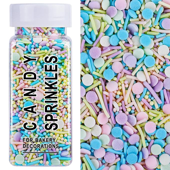 Pastel Sprinkles for Cake Decorating, 4.6oz Ice Cream Sprinkles 3-Mix Nonpareils Confetti Jimmies for Cupcakes Ice Cream Dessert