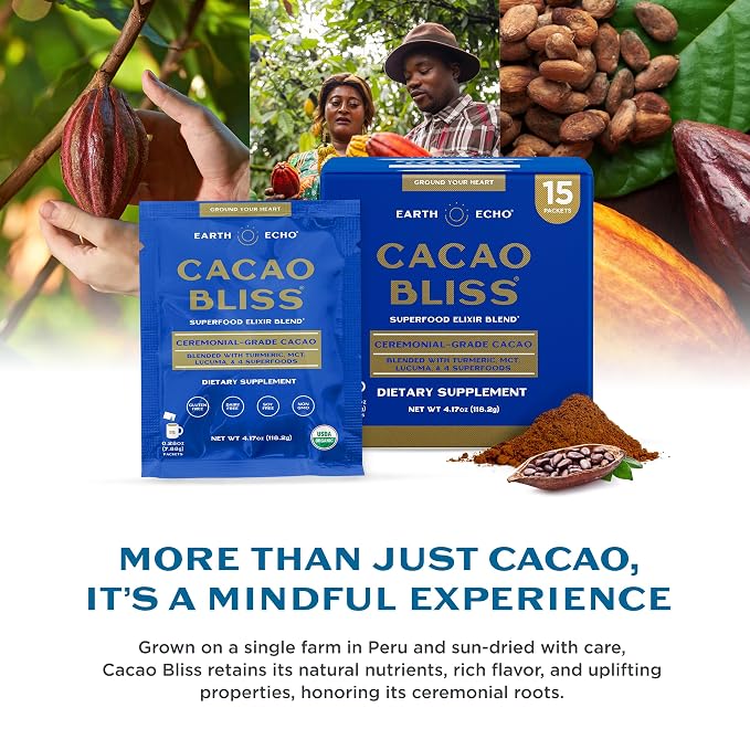 Earth Echo Cacao Bliss - Ceremonial Grade Organic Raw Cacao Powder with MCT Oil & Turmeric - Supports Energy Boost, Mindful Snacking & Focus - Unsweetened, Vegan, GMO-Free, 15 Packets for On-the-Go
