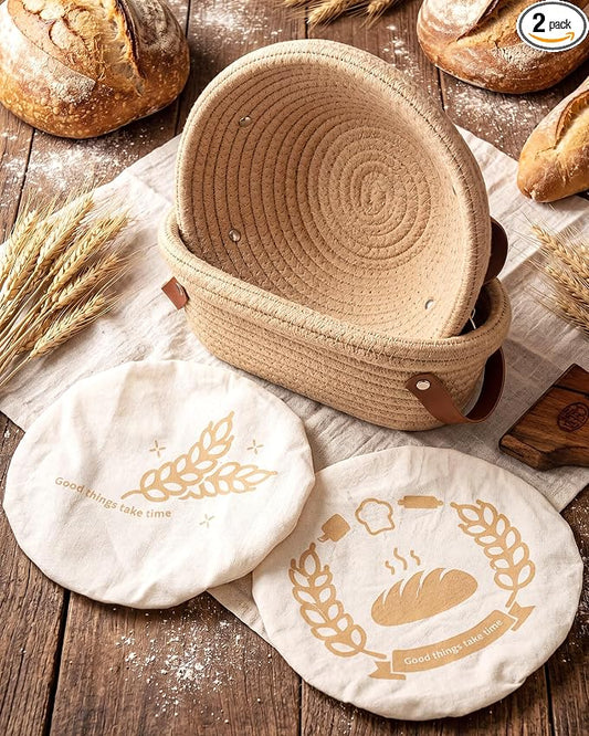 Banneton Bread Proofing Basket Set, 9 Inch Round and 10 Inch Oval Cotton Rope Bread Proofing Basket with Liners and Covers, Sourdough Proofing Basket for Boule Batard Bread Baking Supplies