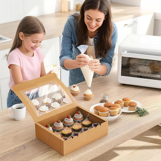 50 PCS 12 Count Cupcake Boxes Bulk for Dessert | Brown,Clear Window,Kraft,Cupcake Containers,Dozen,Deep,Cupcake Carrier With Inserts&Sticker,for Party, Birthday,Holiday,Gift