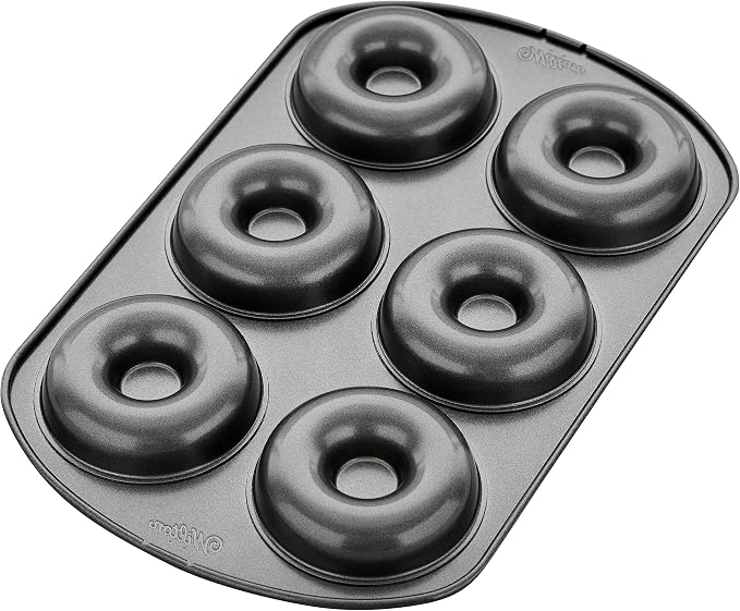Wilton 6-Cavity Doughnut Baking Pan, Makes Individual Full-Sized 3 3/4" Donuts or Baked Treats, Non-Stick and Dishwasher Safe, Enjoy or Give as Gift, Metal (1 Pan)