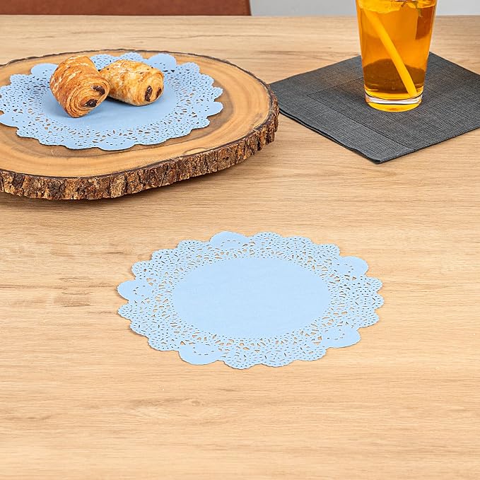 Restaurantware-Pastry Tek 8 x 8 Inch Paper Lace Doilies, 4000 Round Disposable Table Doilies - Elegant Lace Finish, Long Lasting, SkyBlue Paper Lace Doilies, for Pastries, Cupcakes, Desserts