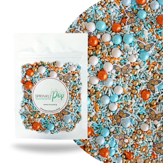 Sprinkle Pop Monarch Butterfly Sprinkle Mix| Blue Orange Sprinkles with ~10 Butterfly Wafer Paper and Gold Dragees| Decorating Sprinkles Made In USA for Mother’s Day Cupcakes Cakes Cookies Donuts, 2oz