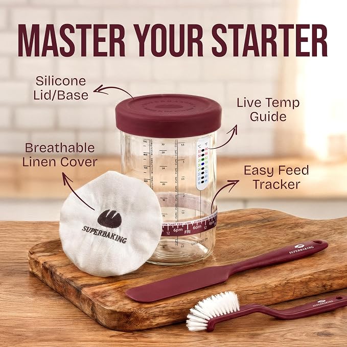 Superbaking Sourdough Starter Kit, 9" Splinter-Free Banneton Bread Proofing Basket Set with Non-Stick Silicone Dough Sling & Glass Starter Jar Kit, Sourdough Bread Baking Supplies, Sourdough Tools