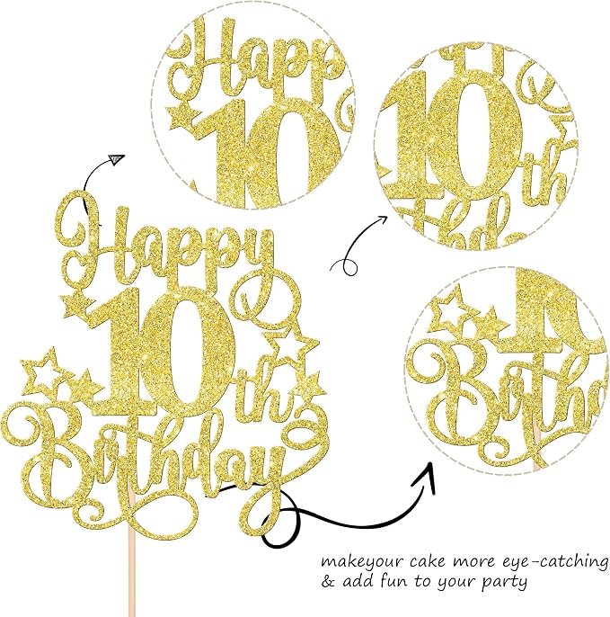 1 PCS Happy 10th Birthday Cake Topper Glitter Cheers to 10 Years Birthday Cake Pick Hello 10 Fabulous Cake Decoration for Happy 10th Birthday Anniversary Party Decorations Supplies Gold