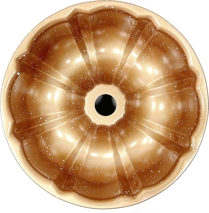 Kundalini Classic Bakeware 9.5 Inch Non-stick Fluted Cake Pan,Heavy Duty Carbon Steel Tube Baking Mold Gold