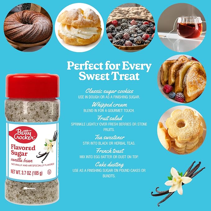 Betty Crocker Vanilla Bean Flavored Sugar – Classic Dessert Sugar for Baking, Drinks & More, 3.7 oz
