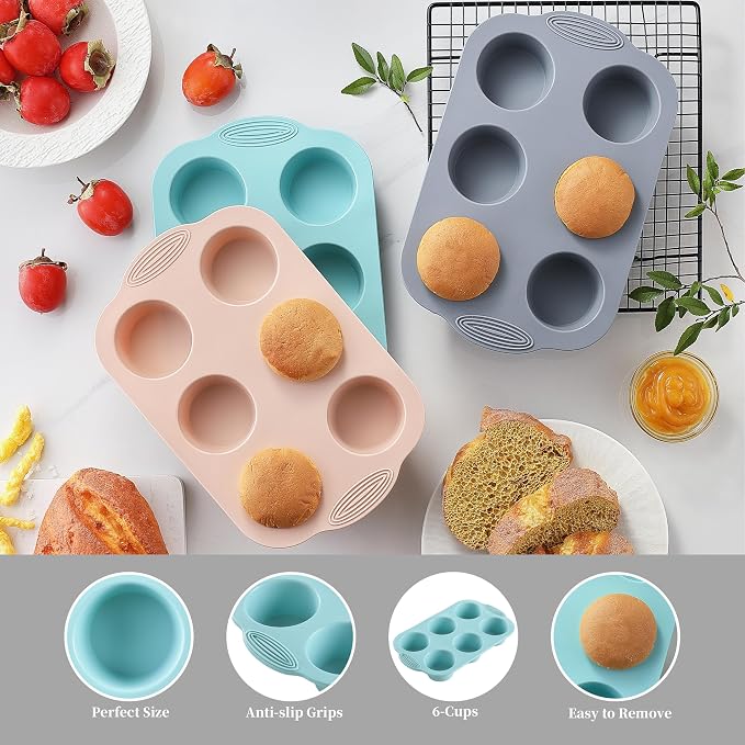 XZZWLL Silicone Muffin Pan, Food Grade Silicone Cupcake Molds for Baking Muffins and Cupcakes, 6-Cup Nonstick Cupcake Pan, Easy Cleaning and BPA-Free (Gray, Orange, Blue)